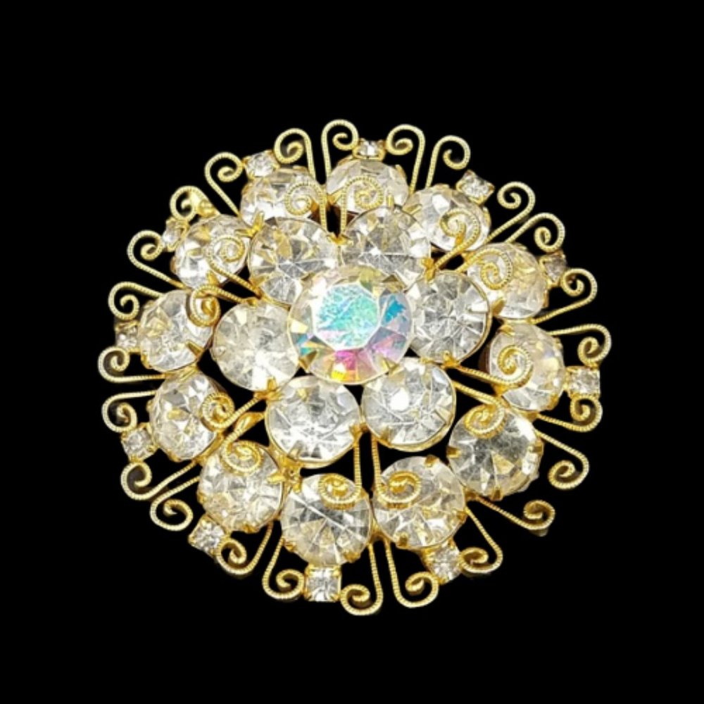 Vintage AB Rhinestone Scroll Work Layered Brooch
